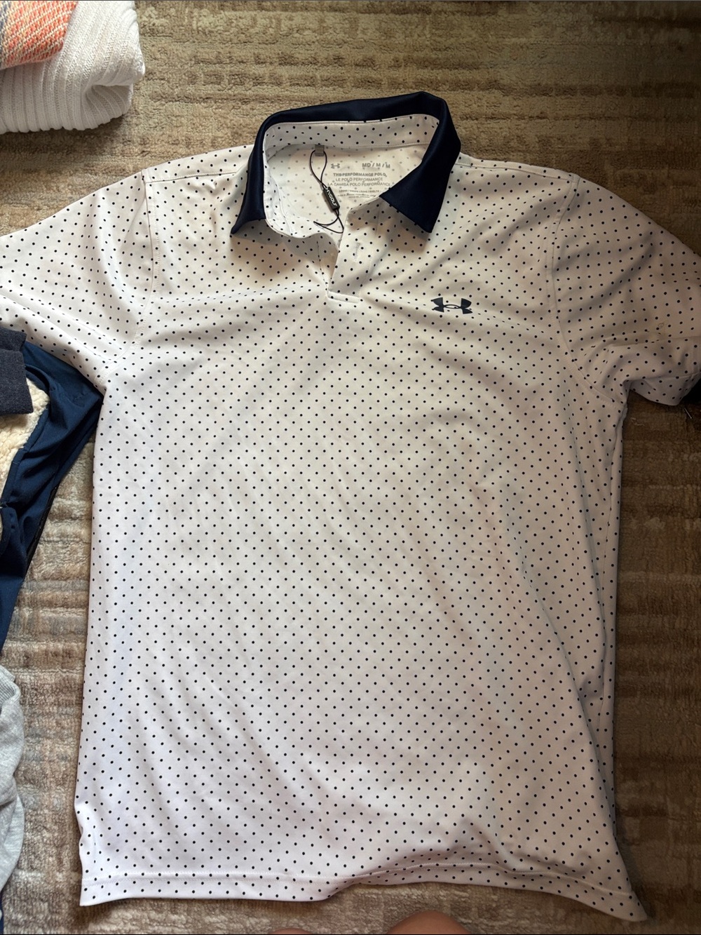 Under Armour White Polo with Navy Collar and Microdot Pattern